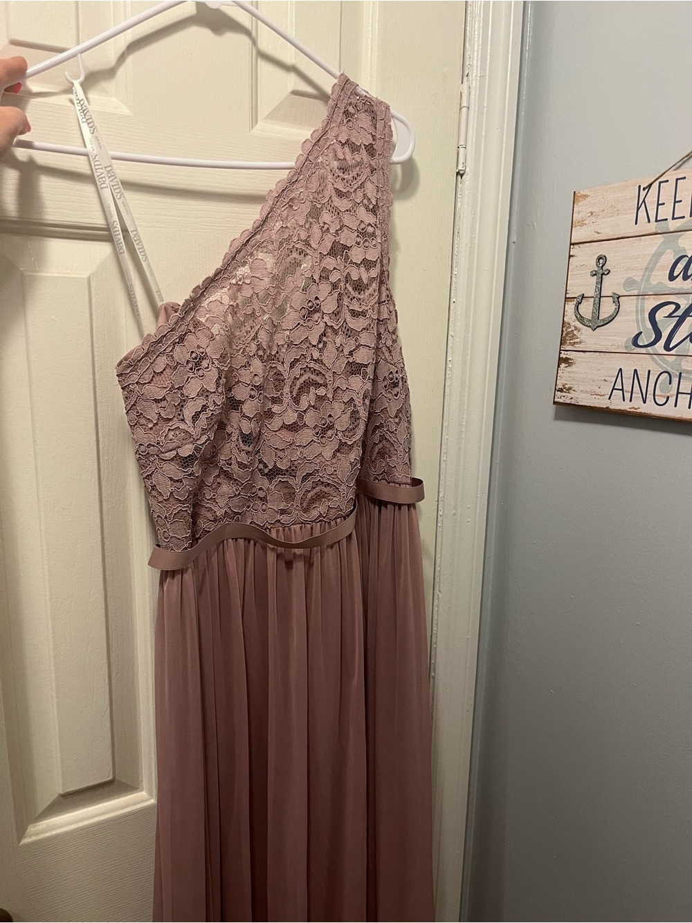 David's Bridal One-Shoulder Lace Chiffon Dress in Dusty Mauve - Picture 4 of 5